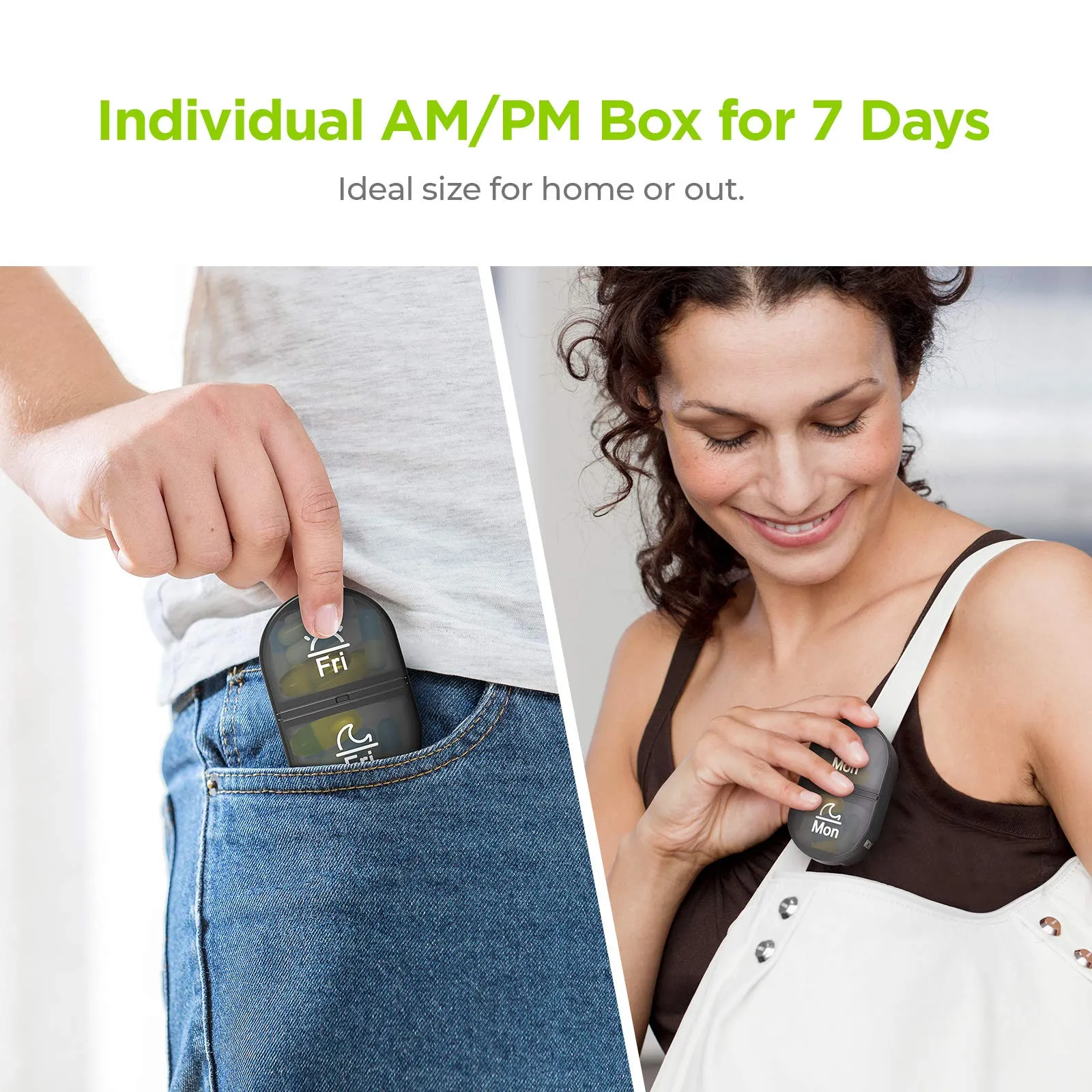 AUVON Pill Box Organiser, Pill Boxes 7 Day 2 Times A Day with 7 Black Attachable Pill Dispenser for Medicine, Medication, Vitamin, Supplement and Fish Oil (Black）