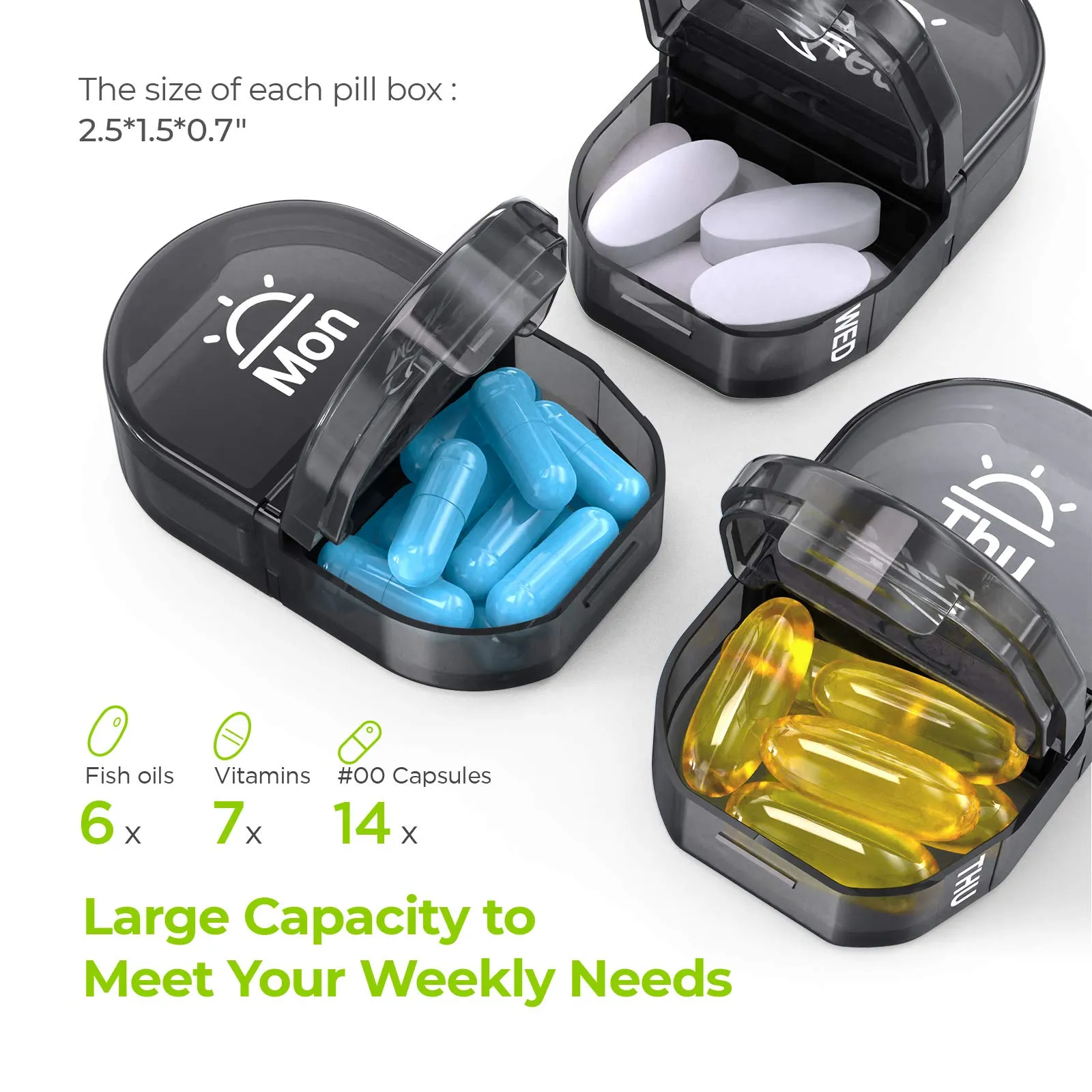 AUVON Pill Box Organiser, Pill Boxes 7 Day 2 Times A Day with 7 Black Attachable Pill Dispenser for Medicine, Medication, Vitamin, Supplement and Fish Oil (Black）