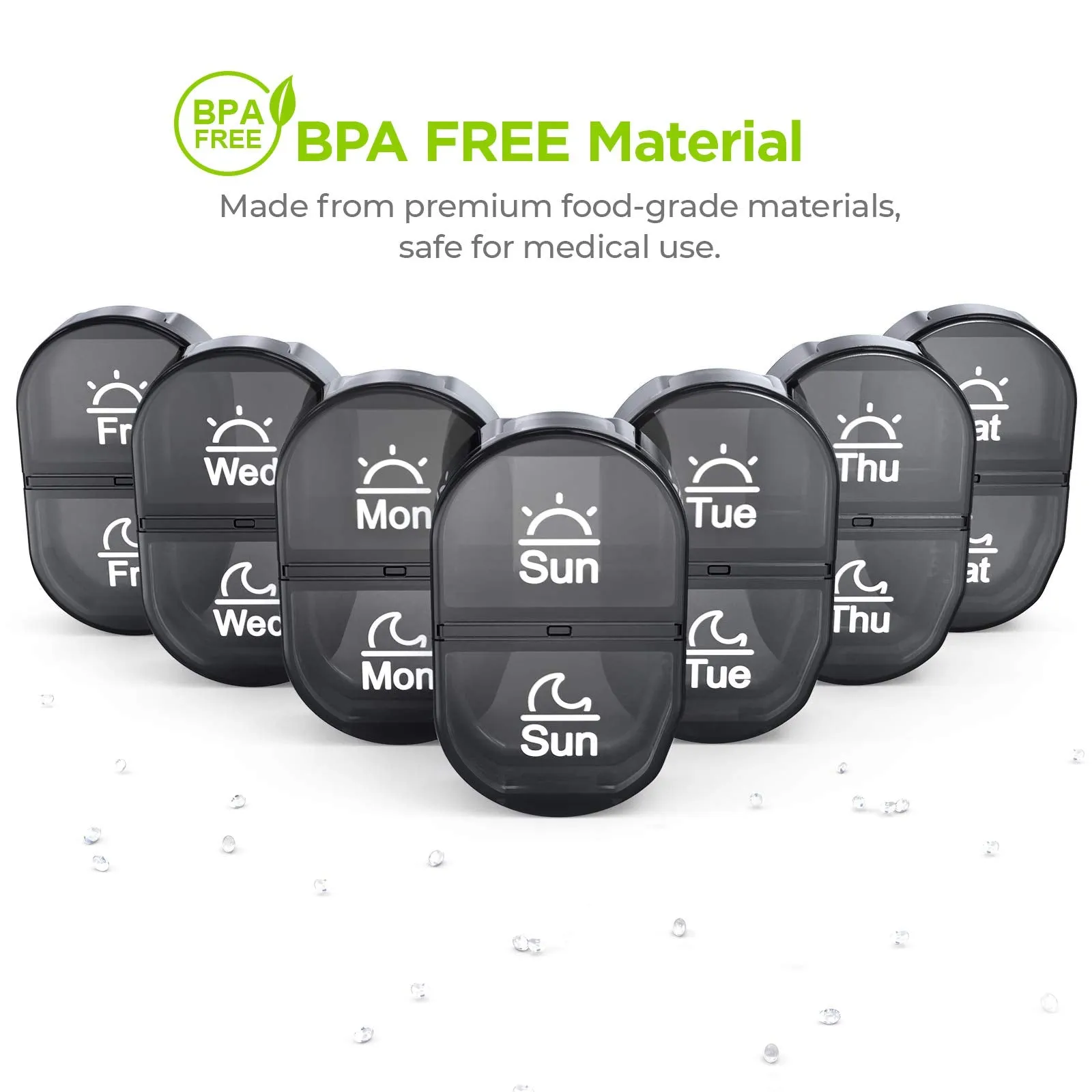 AUVON Pill Box Organiser, Pill Boxes 7 Day 2 Times A Day with 7 Black Attachable Pill Dispenser for Medicine, Medication, Vitamin, Supplement and Fish Oil (Black）