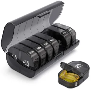 AUVON Pill Box Organiser, Pill Boxes 7 Day 2 Times A Day with 7 Black Attachable Pill Dispenser for Medicine, Medication, Vitamin, Supplement and Fish Oil (Black）