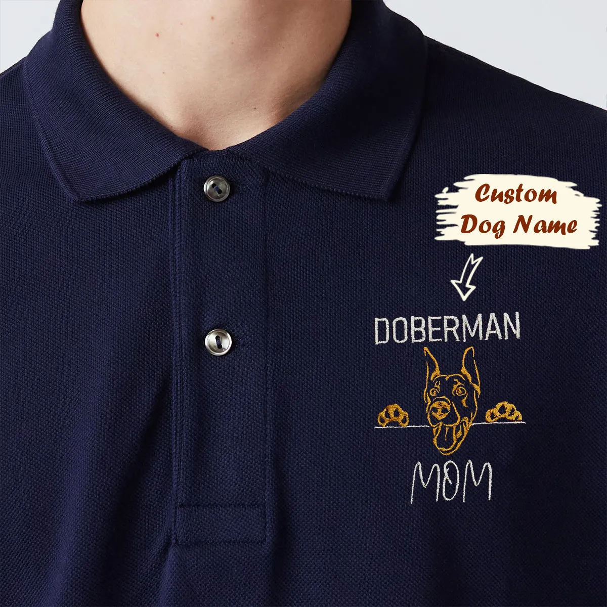 Custom Doberman Dog Mom Embroidered Polo Shirt, Personalized Polo Shirt with Dog Name, Unique Gifts For Doberman Lovers
