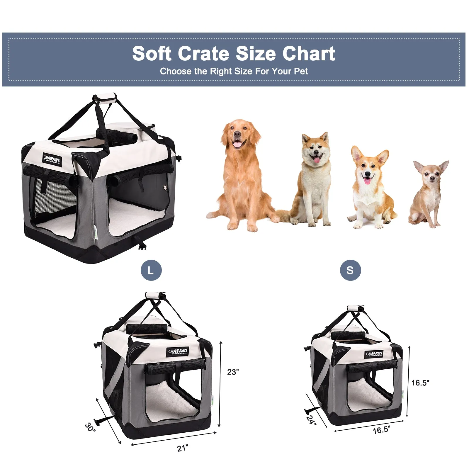 Jespet & GOOPAWS Indoor & Outdoor 3-Door Collapsible Soft-Sided Dog, Cat & Small Pet Crate, Light Grey, 30''