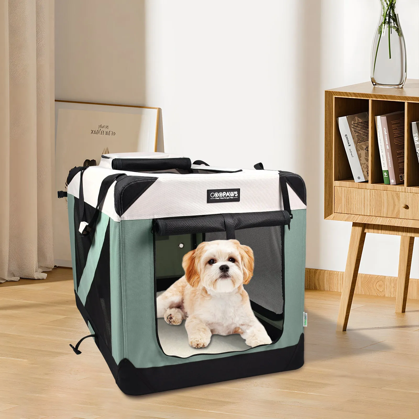 Jespet & GOOPAWS Indoor & Outdoor 3-Door Collapsible Soft-Sided Dog, Cat & Small Pet Crate, Shale Green, 24''