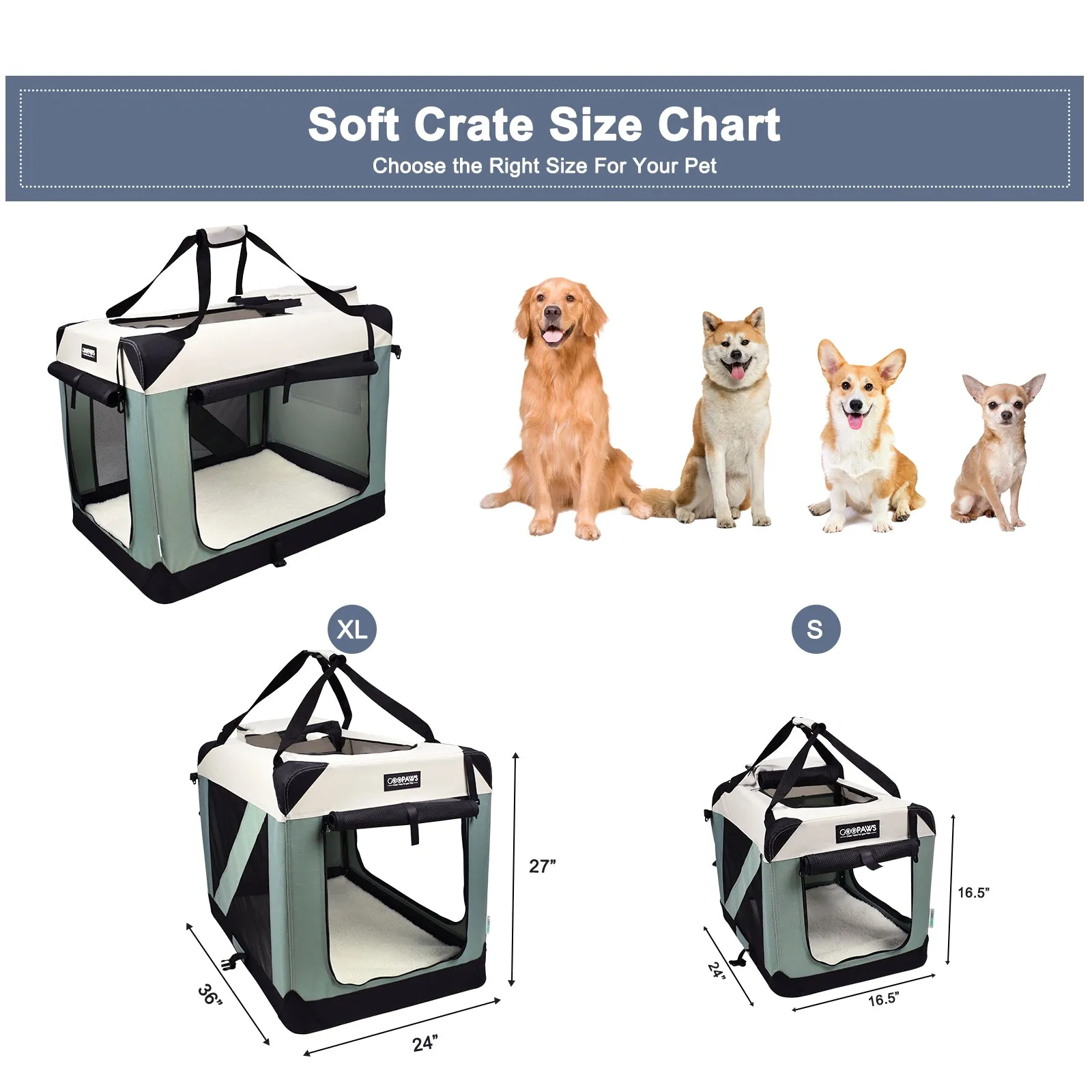 Jespet & GOOPAWS Indoor & Outdoor 3-Door Collapsible Soft-Sided Dog, Cat & Small Pet Crate, Shale Green, 24''