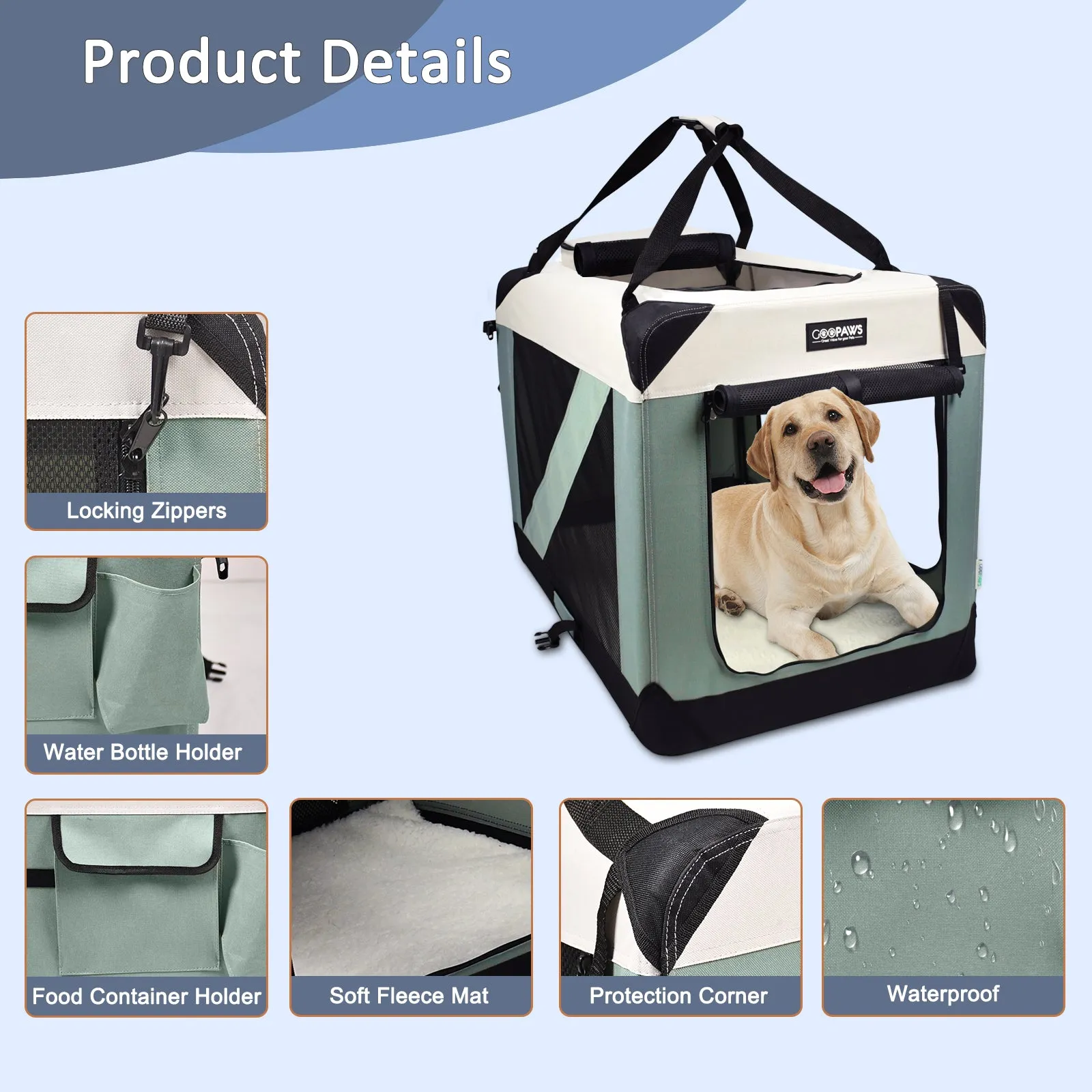 Jespet & GOOPAWS Indoor & Outdoor 3-Door Collapsible Soft-Sided Dog, Cat & Small Pet Crate, Shale Green, 24''