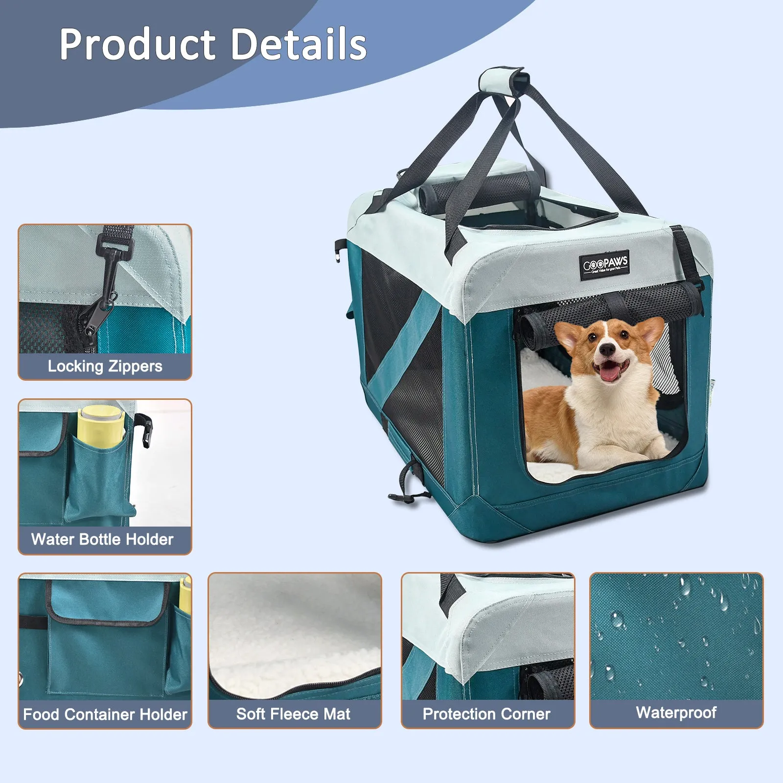 Jespet & GOOPAWS Indoor & Outdoor 3-Door Collapsible Soft-Sided Dog, Cat & Small Pet Crate, Teal Blue, 30''