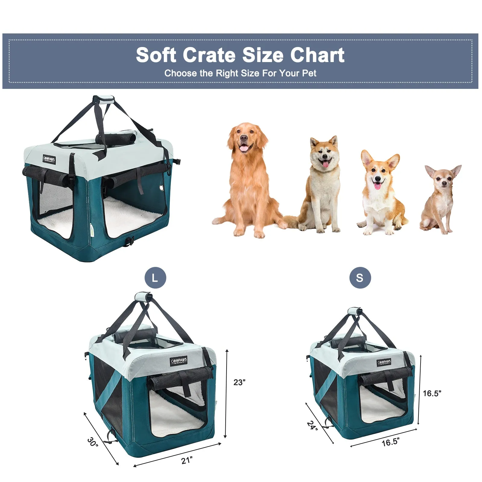 Jespet & GOOPAWS Indoor & Outdoor 3-Door Collapsible Soft-Sided Dog, Cat & Small Pet Crate, Teal Blue, 30''