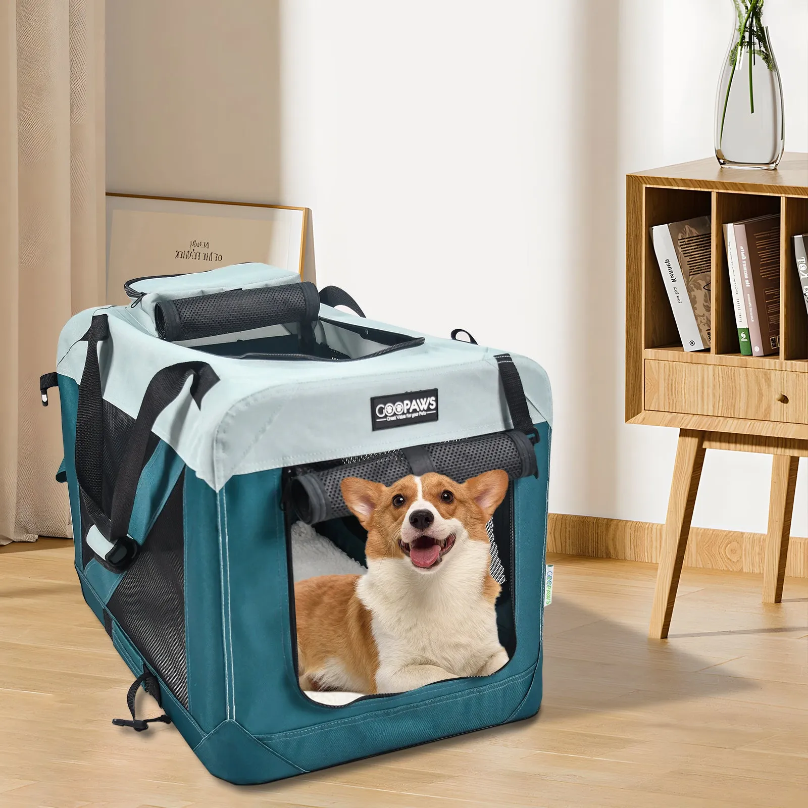 Jespet & GOOPAWS Indoor & Outdoor 3-Door Collapsible Soft-Sided Dog, Cat & Small Pet Crate, Teal Blue, 30''