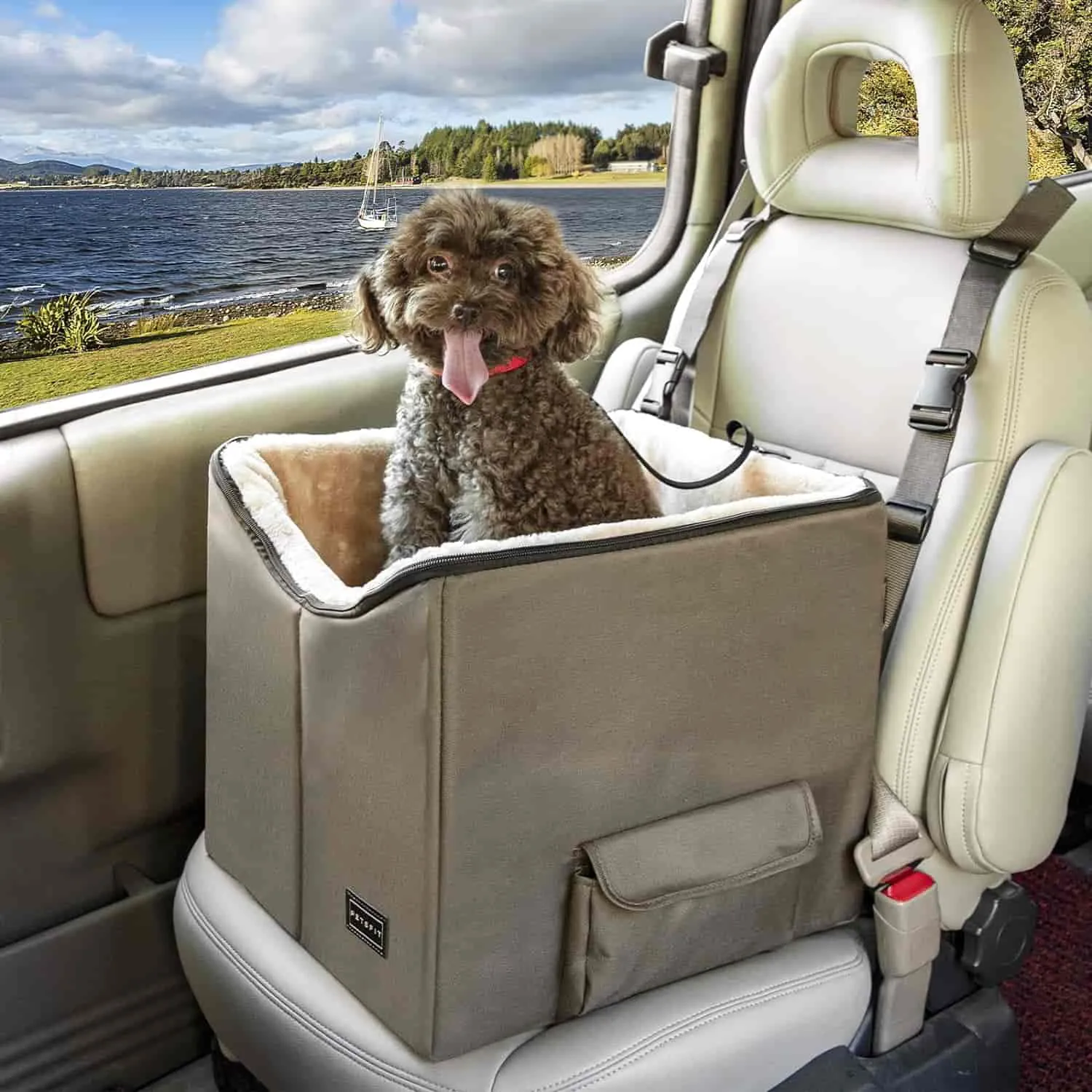 PETSFIT Dog Booster Seat For Car Pet Travel Booster Seat with Safety Belt
