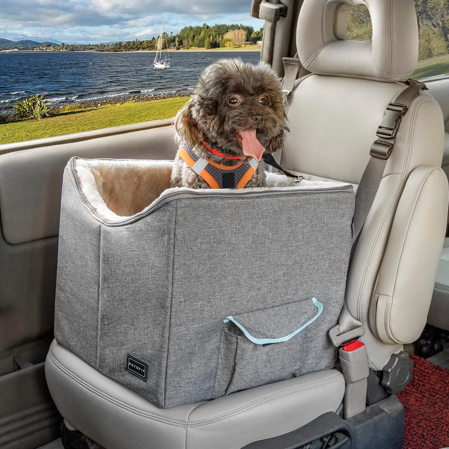 PETSFIT Dog Booster Seat For Car Pet Travel Booster Seat with Safety Belt
