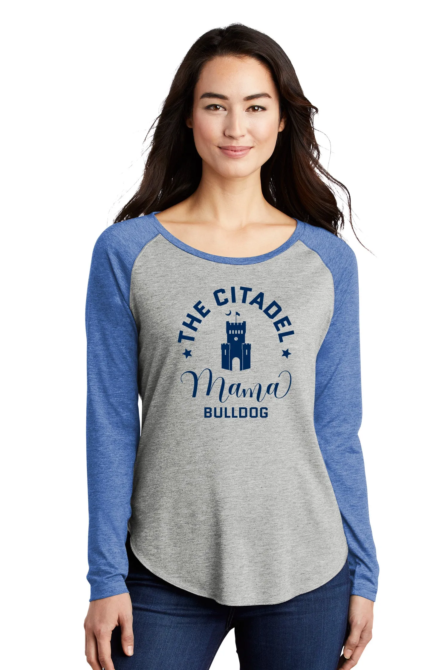 The Citadel, Mama Bulldog Barracks Ladies Long Sleeve Tri-Blend Wicking Scoop Neck Raglan Tee Shirt