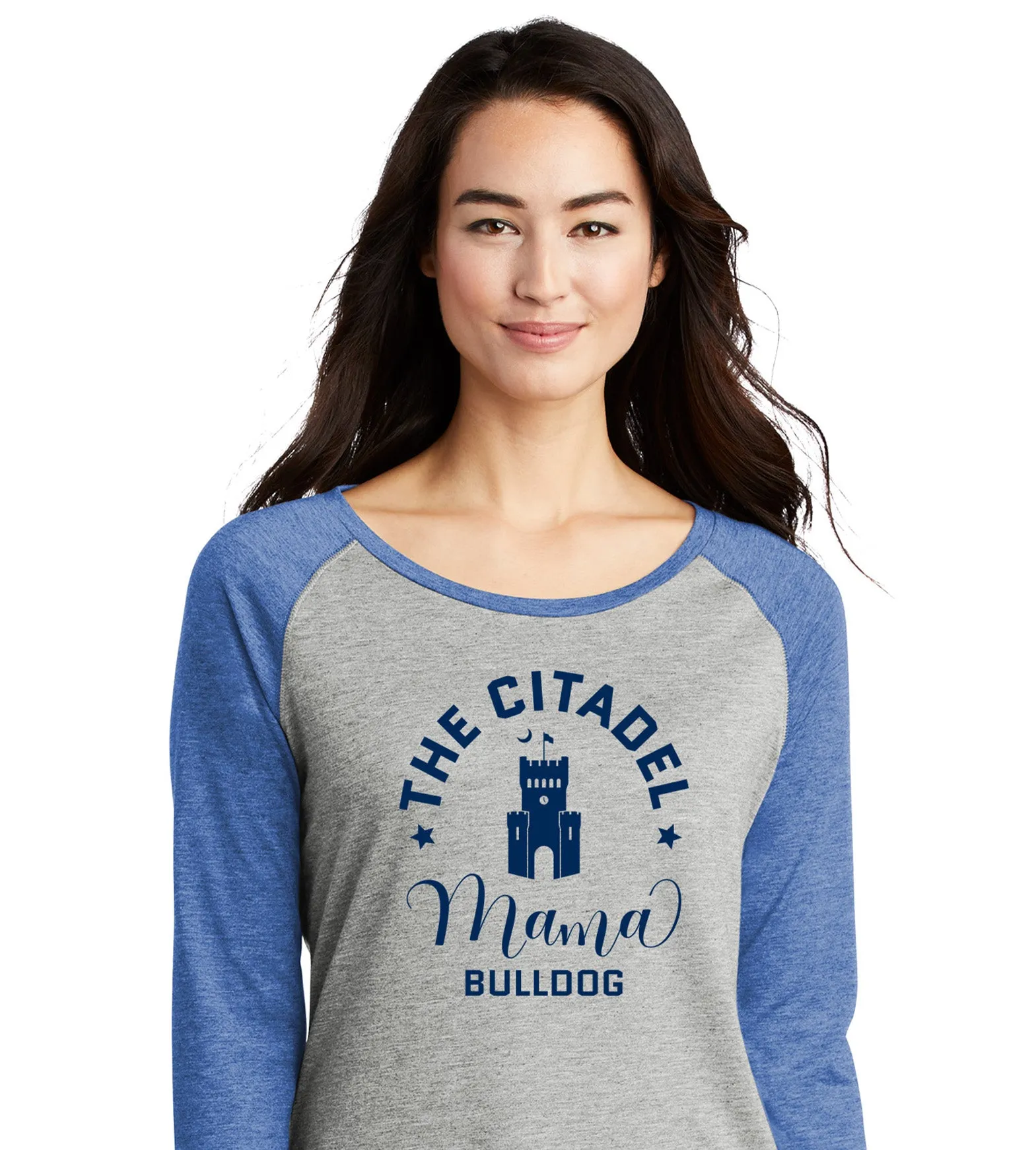 The Citadel, Mama Bulldog Barracks Ladies Long Sleeve Tri-Blend Wicking Scoop Neck Raglan Tee Shirt