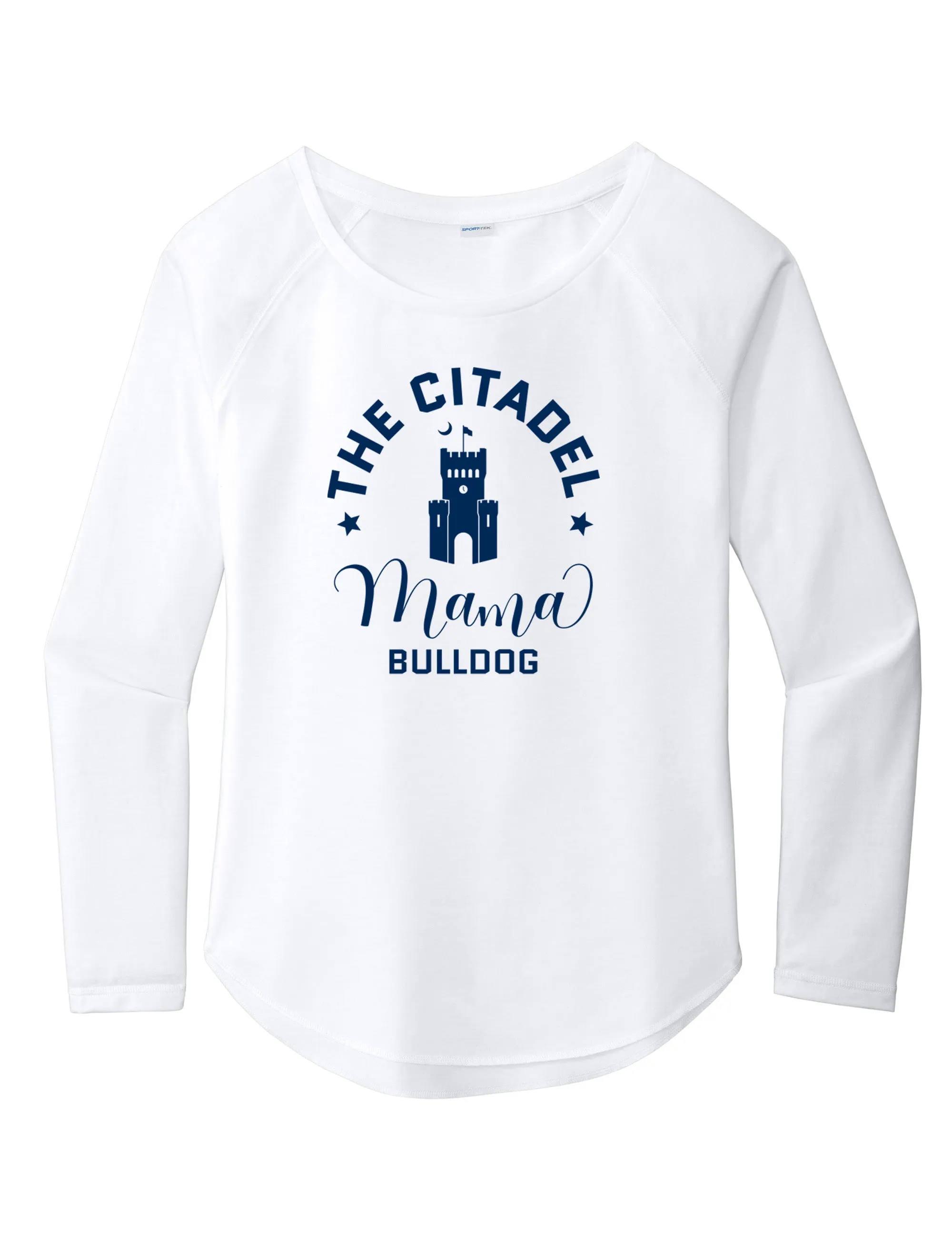 The Citadel, Mama Bulldog Barracks Ladies Long Sleeve Tri-Blend Wicking Scoop Neck Raglan Tee Shirt