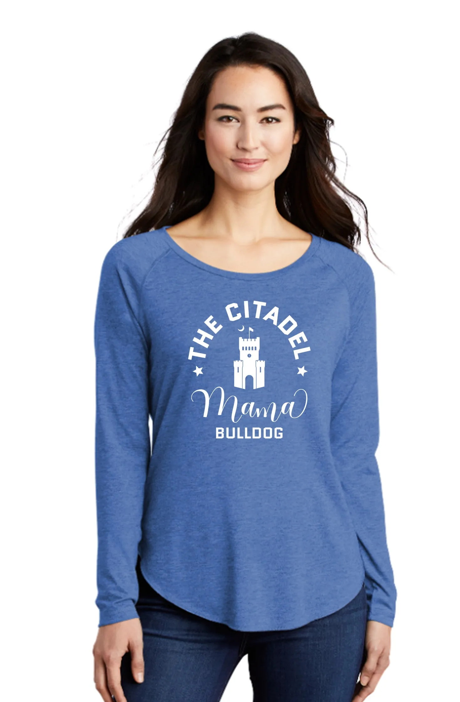 The Citadel, Mama Bulldog Barracks Ladies Long Sleeve Tri-Blend Wicking Scoop Neck Raglan Tee Shirt